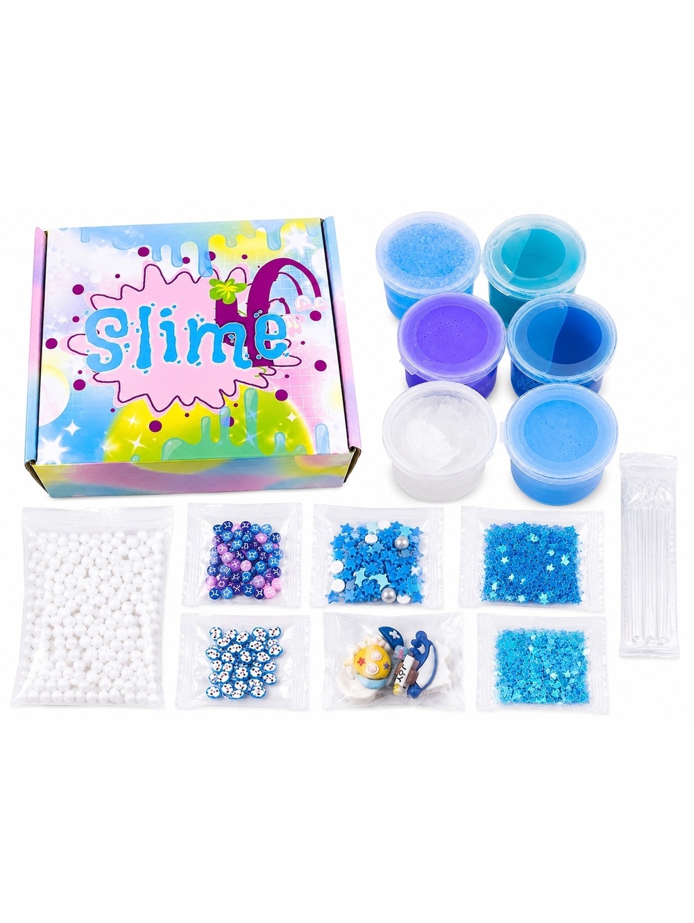 DIY Blue Slime Kit 6 Slimes with Charms, Foam Beads & Mix-Ins Complete Craft Set